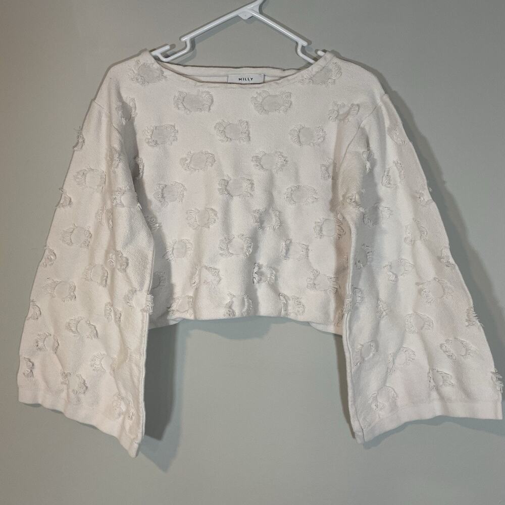Milly Circle Fringe Pullover Cropped‎ Sweatshirt Women’s White Size M Textured
